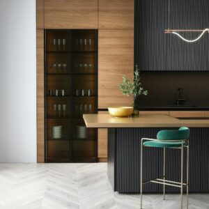 brown wooden cabinet near green and white table